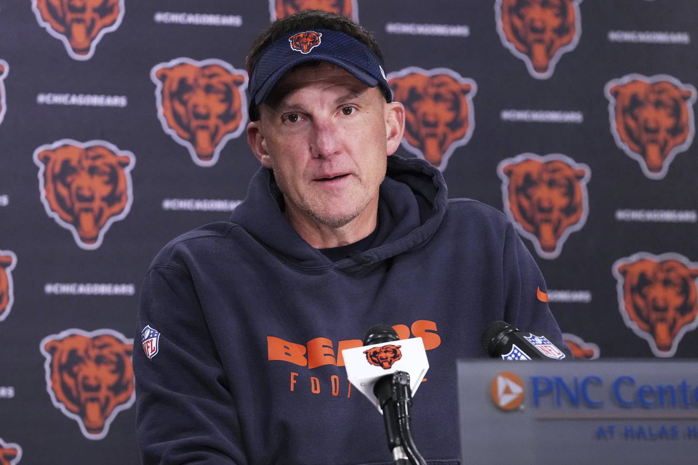 Chicago Bears defensive coordinator Dennis Allen talks to media members at a news conference after the NFL football team's rookie camp in Lake Forest, Ill., Saturday, May 10, 2025. (AP Photo/Nam Y. Huh)