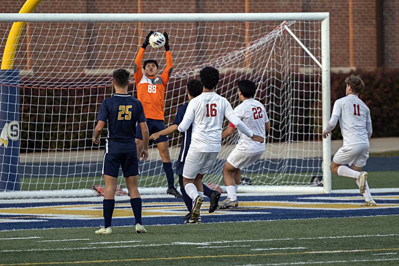 Sterling’s Marco Chino makes a save against Lasalle-Peru Tuesday, Oct. 17, 2023 in a regional semifinal in Sterling.