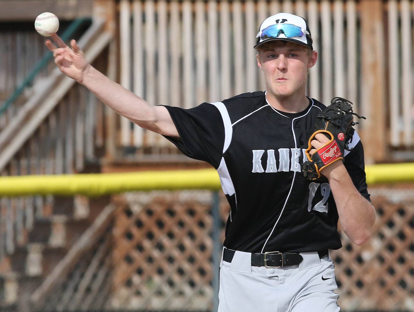 Kaneland sophomore Johnny Spallasso fires the ball across the diamond during their game against Sycamore Monday afternoon at the Sycamore Community Sports Complex.