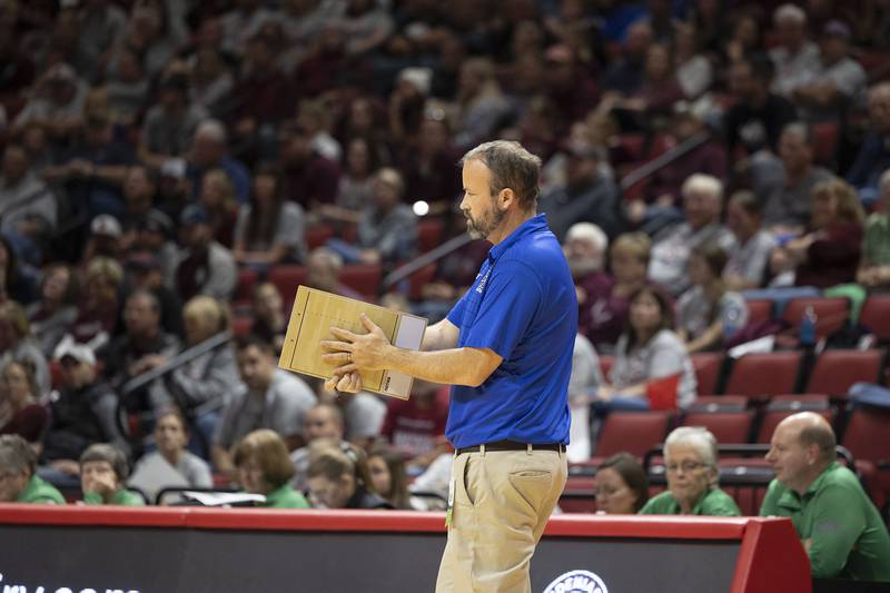 Genoa-Kingston coach Keith Foster calls plays Friday, Nov. 11, 2022 in the class 2A semifinal game against IVC.