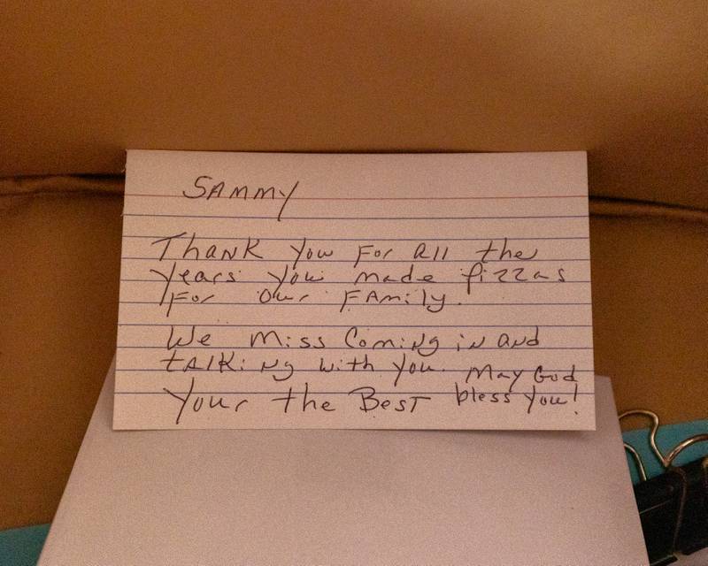 Note is left in box for Sam at his retirement celebration on Saturday, October 25, 2025 at the Rootbeer Stand in Oglesby.