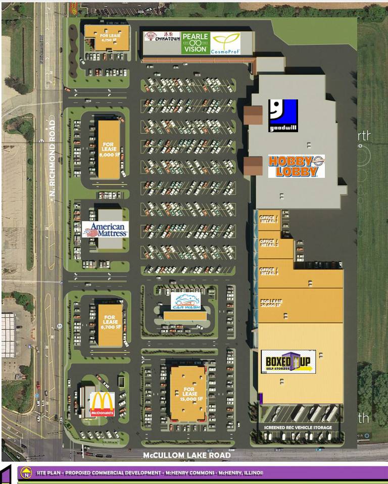 The proposed site plan, according to the May 2022 application, will see the former Kmart turned into a self-storage site, along with five outlot buildings constructed.