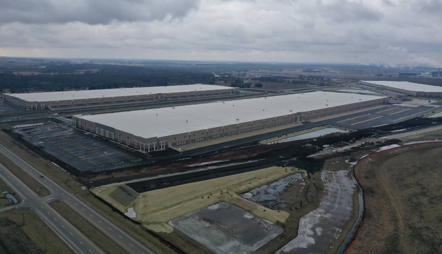 An aerial vieaw of distribution centers for the NorthPoint group near the intersection of Noel Road and Illinois Route 53 on Tuesday, Jan. 30, 2024 in Elwood. NorthPoint is developing the Third Coast Intermodal Hub, a warehouse development of more than 2,000 acres stretching from Joliet to Elwood.