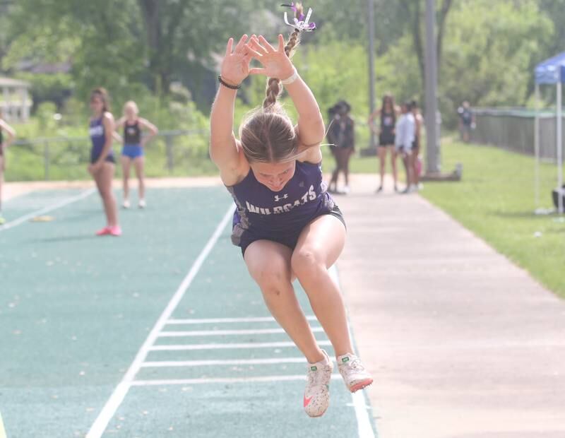 Wilmington's Aubree Jandura competes in the long jump during the Class 1A Sectional track meet on Thursday, May 15, 2025 at Seneca High School.
