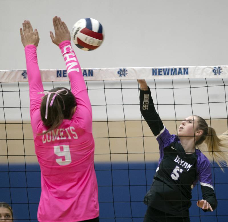 Dixon’s Morgan Hargrave plays the ball against Newman’s Frances Haley Thursday, Oct. 3, 2024, at Newman High School.