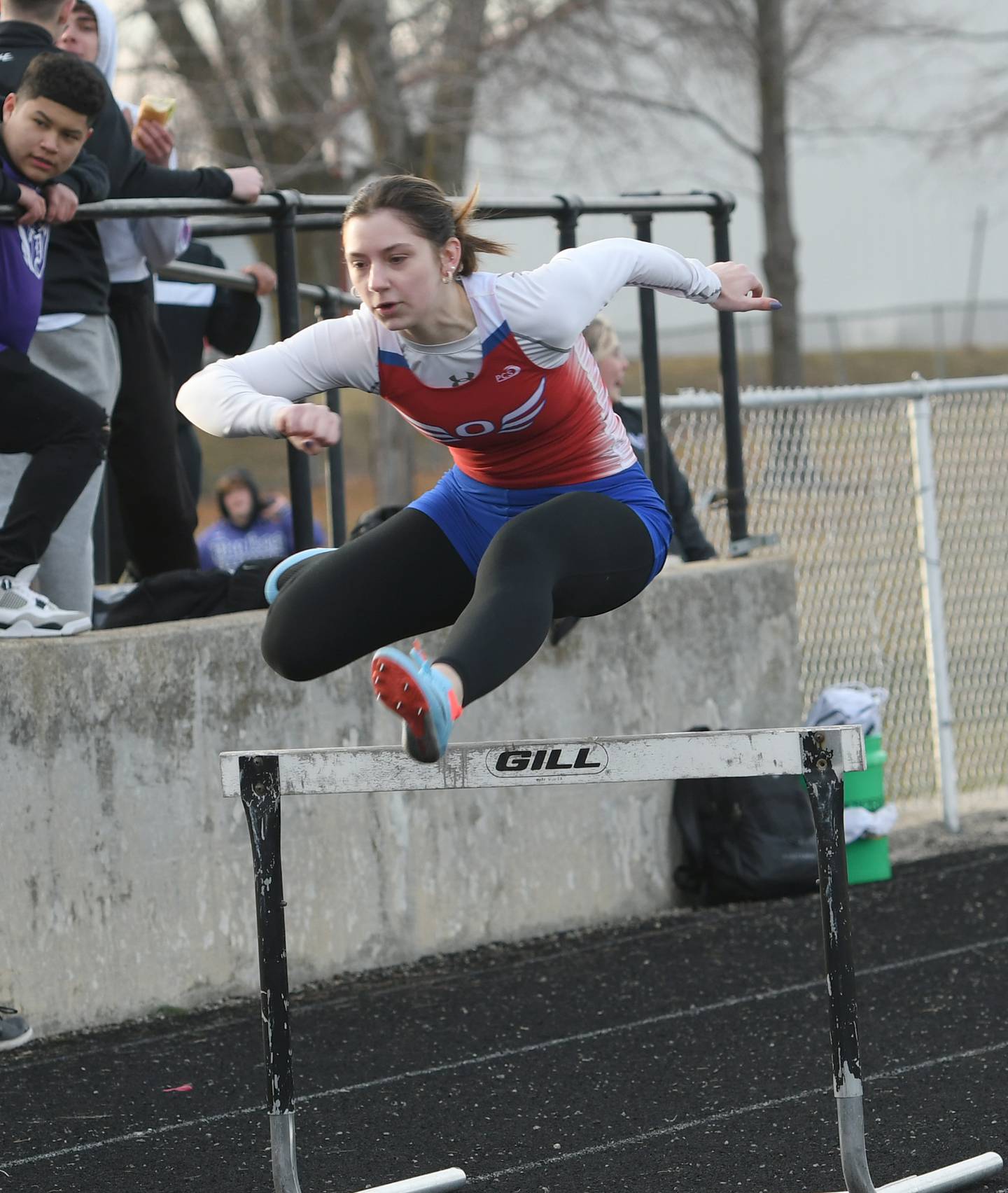 Oregon's Rylie Robertson clears a hurdle in the 300 hurdles on Thursday, March 23 in Forreston.