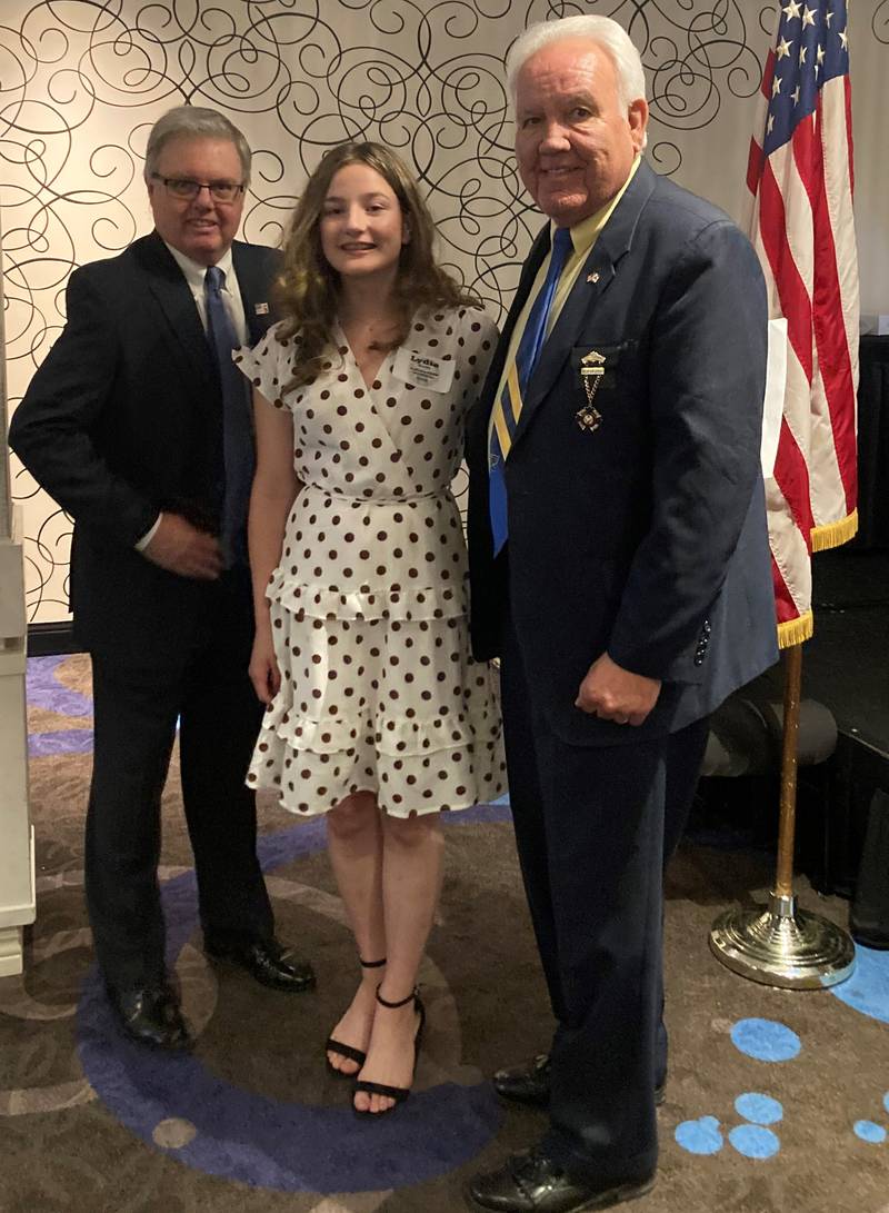 Pictured are (left to right) James Cusack, Illinois Elks 2021-2022 president, Princeton Christian Academy student Lydia Hardy, and Lou Sulsberger, Illinois Elks Association state sponsor. Hardy read her winning essay at the state banquet in Springfield.