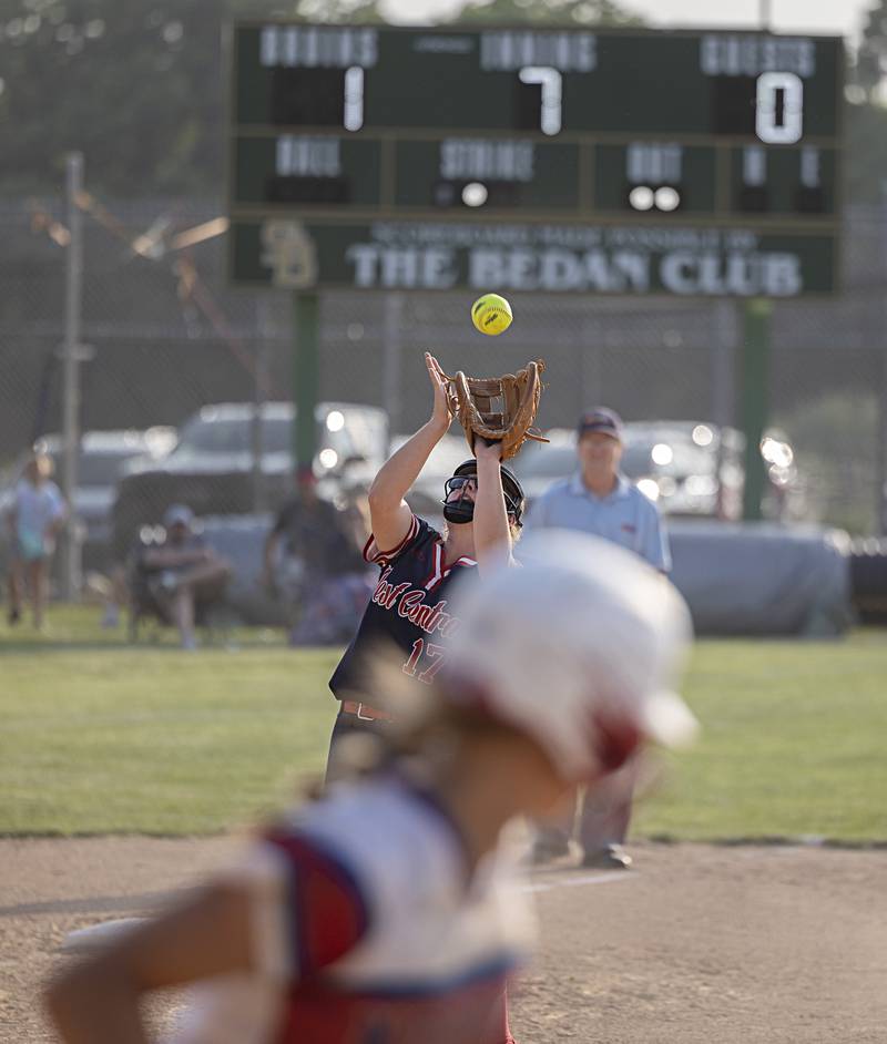 West Central’s Ashley Meyer makes the catch to end the game and take the win against Morrison on Wednesday, May 24, 2023 during their Class 1A sectional semifinal at St. Bede Academy.