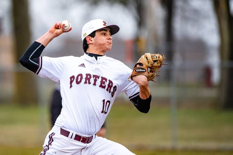 Lockport's Dylan Nagle fires a pitch during a game against  Joliet Catholic Academy Friday March 24, 2023 at Flink Field in Lockport