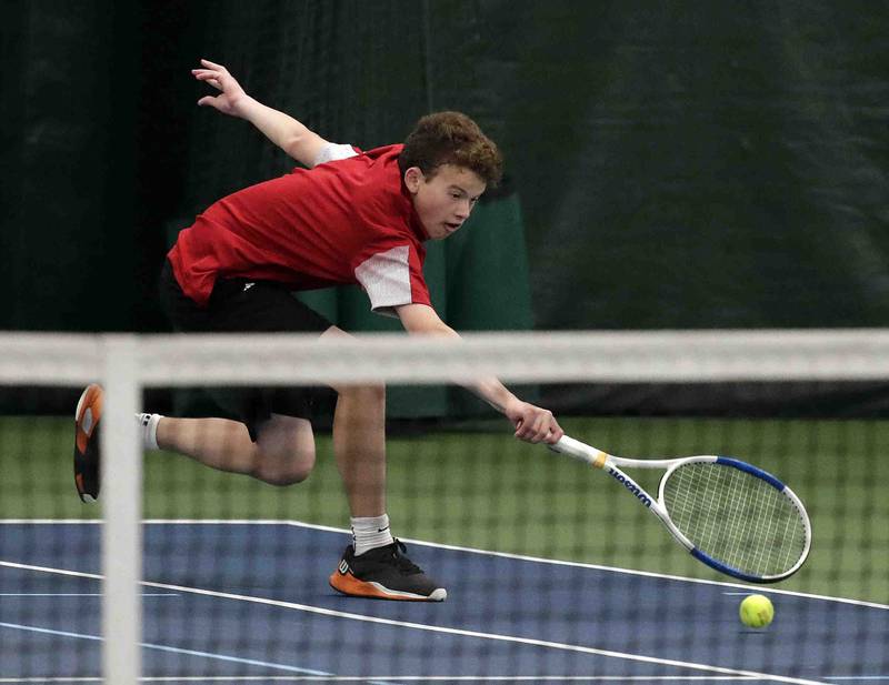 Batavia’s Erik Warner, and TJ Stras (not pictured) play Neuqua Valley’s Kai Sun & Tyler Yu, during the IHSA State boys tennis tournament 2A Doubles action Thursday May 26, 2022 at the Vaughn Tennis Center in Aurora.