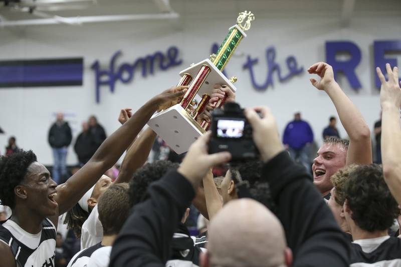 Kaneland celebrates their win over Yorkville Christian in their Plano Christmas Classic Championship basketball game, Tuesday, Dec 30, 2025 in Plano.