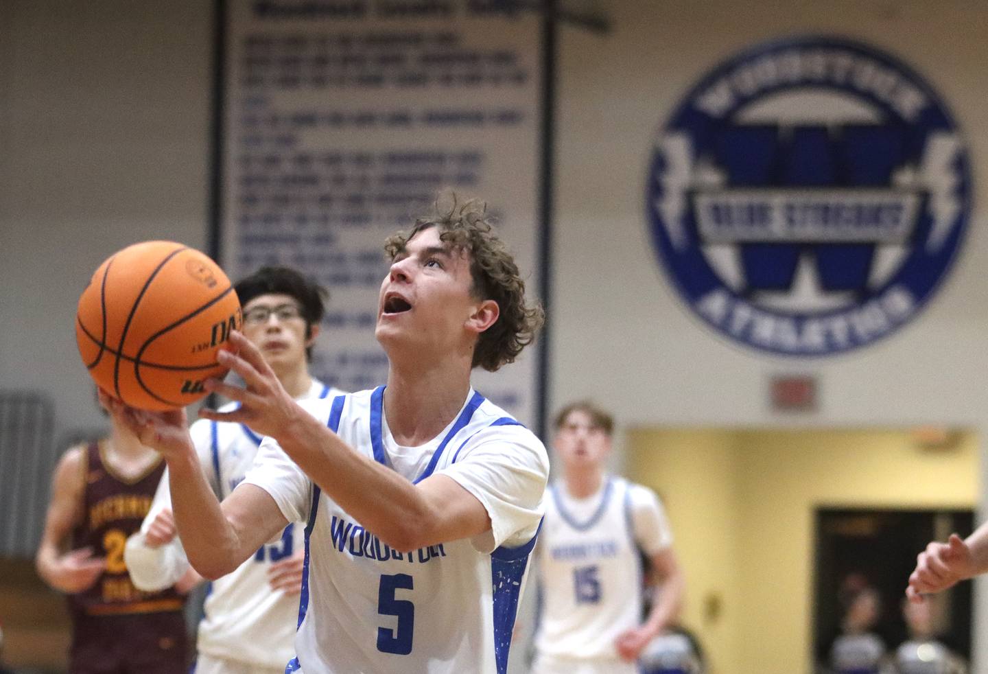 Woodstock’s Maxwell Beard moves to the hoop against Richmond-Burton in varsity basketball on Wednesday, Dec. 18, 2024 at James M. Shipley Memorial Gymnasium on the campus of Woodstock High School in Woodstock.