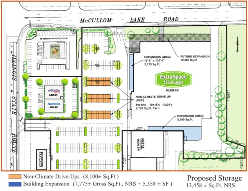 Extra Space Storage, 1860 N. Richmond Road in McHenry, proposed adding 55 non-climate controlled, outdoor garage-style units in the parking lot and another 7,774 square feet to the existing building with an option on another 10,000 square feet in the future. The McHenry City Council approved the plan but without the outdoor storage.