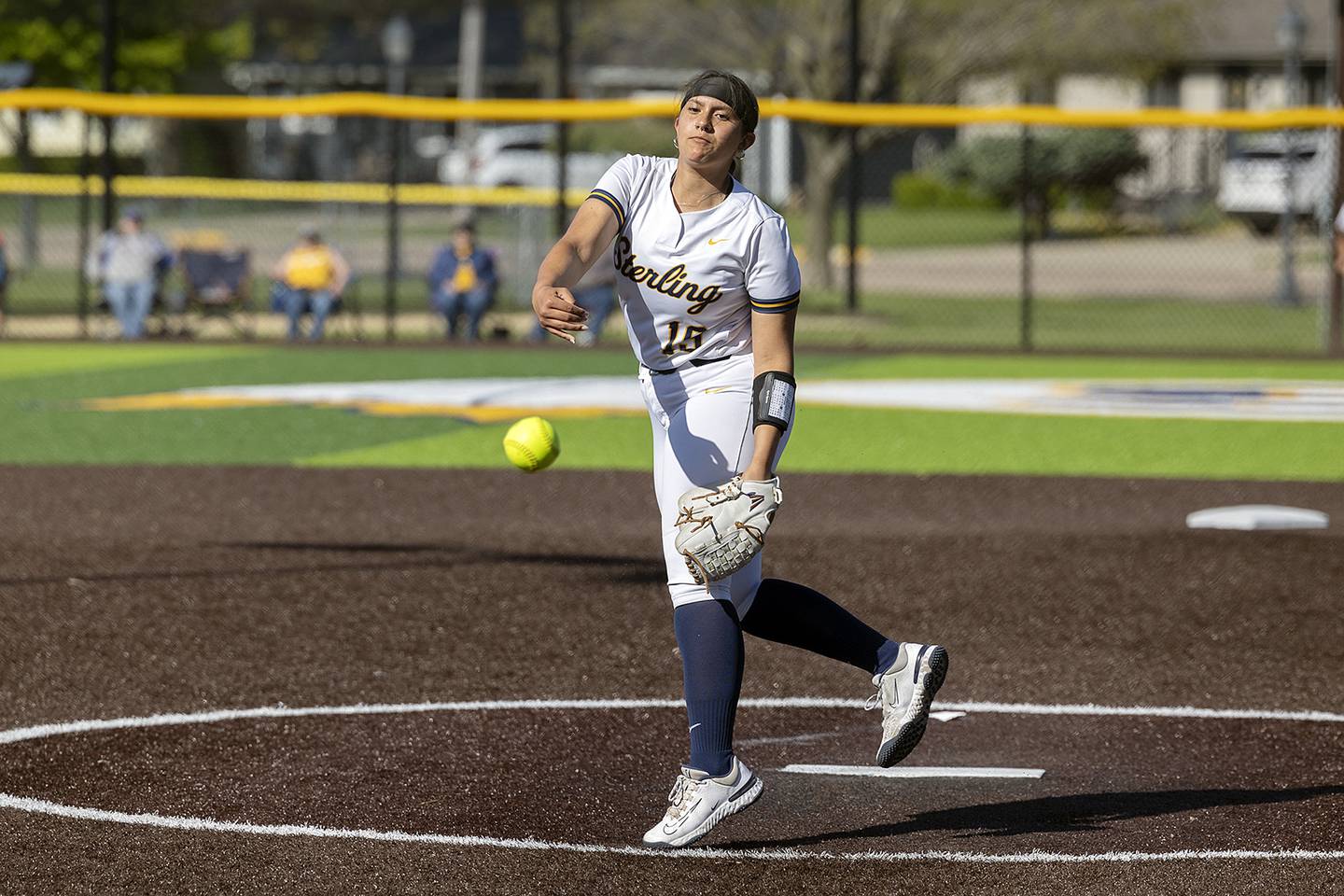 Sterling’s Lily Martinez fires a pitch against Alleman Thursday, May 8, 2025.