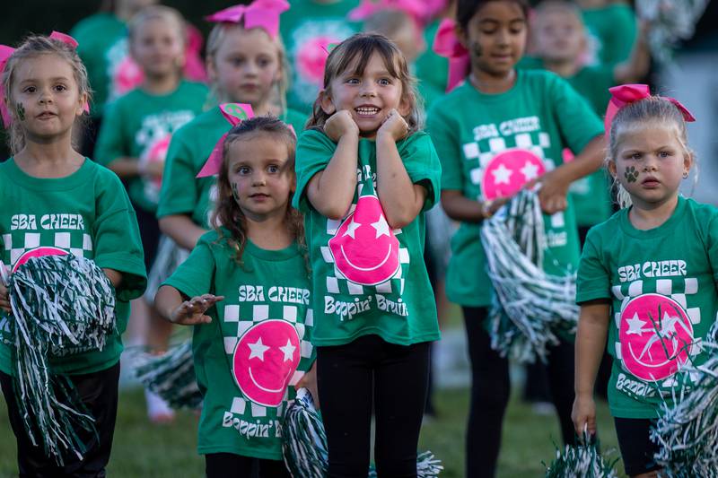 Emma Mcmillin blushes during Boppin' Bruins performance on Friday, Sept 12, 2025 at Captain Thomas J. Heitmann field in Peru.