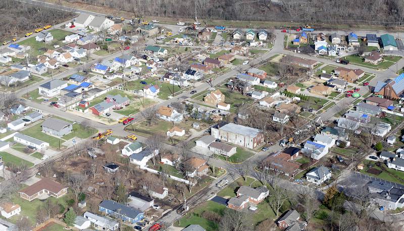 An aerial photo of the Village of Naplate showing tornado damage on Wednesday, March 1 2017.