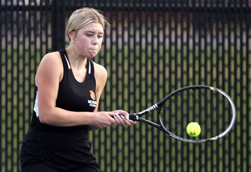 McHenry’s Maye Waters returns the the ball during a Fox Valley Conference tennis match on Monday, Sept. 25, 2023, at Crystal Lake Central High School.