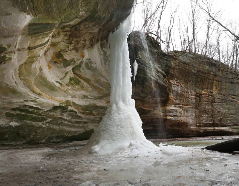 A frozen ice fall is fully intact in Ottawa Canyon on Tuesday, Feb. 7, 2023 at Starved Rock State Park.  Frozen waterfalls are common at Starved Rock and Matthiessen State Parks during the winter season. This year, the ice falls weren't as impressive due to the warmer than normal January. Only a handful of ice climbers were seen in the park this year unlike years past.