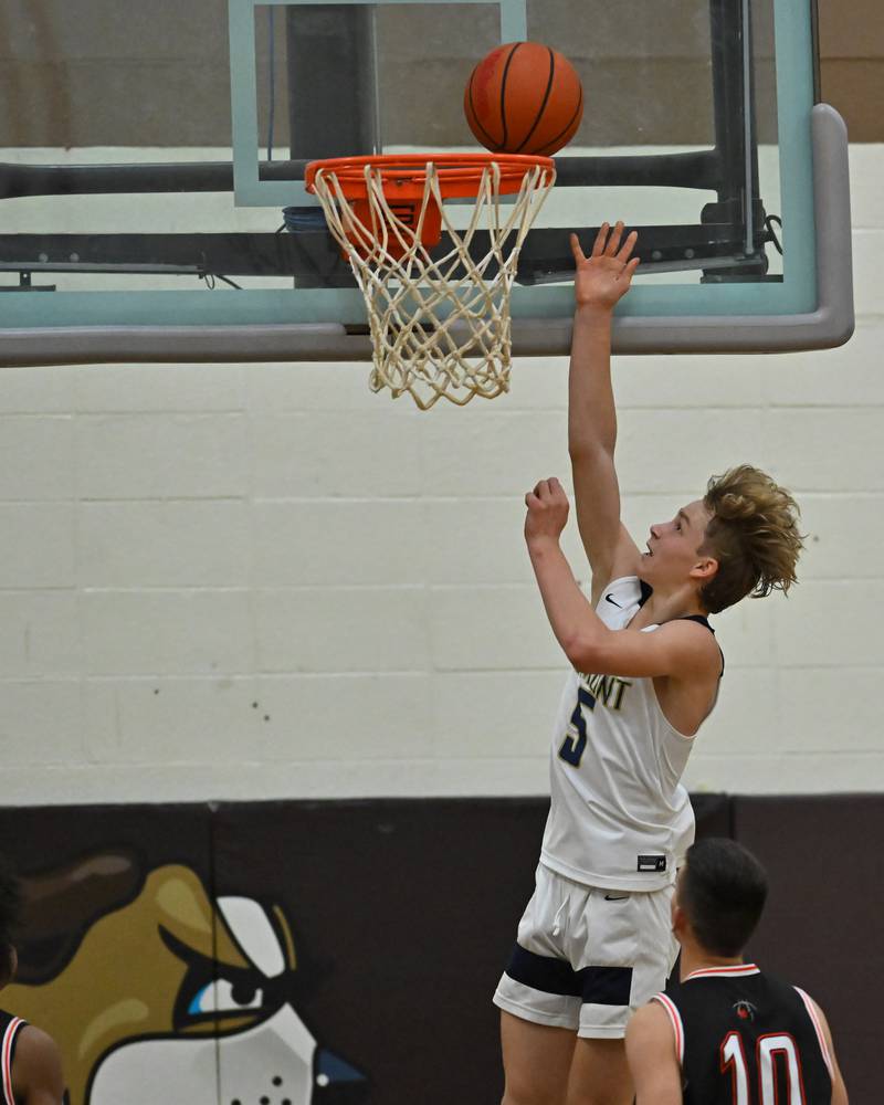 Lemont's Rokas Castillo (5) goes up for a layup in the WJOL Basketball Tournament on Monday, November 21, 2022, at Joliet.