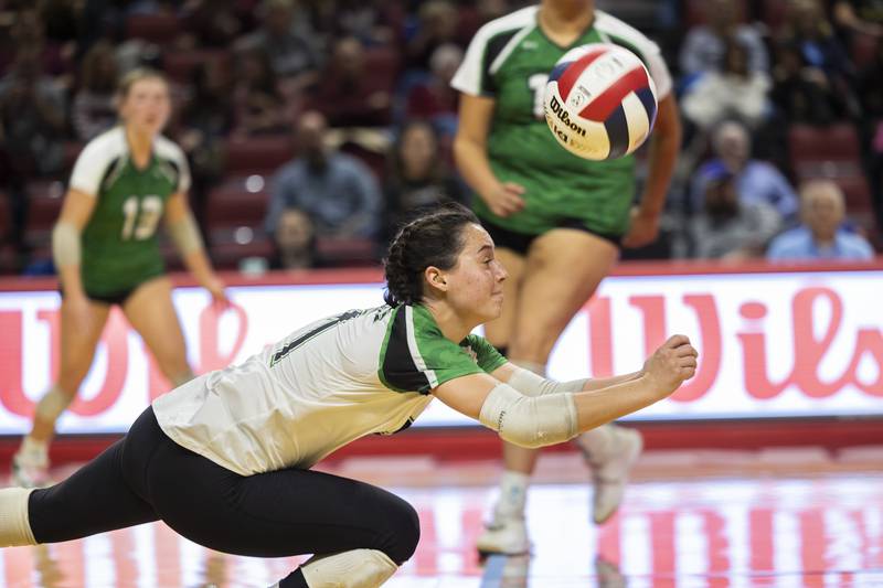 Rock Falls’ Carli Kobbeman plays the ball against Breese Mater Dei in the 2A state semifinal Friday, Nov. 10, 2023 at CEFCU Arena in Normal.