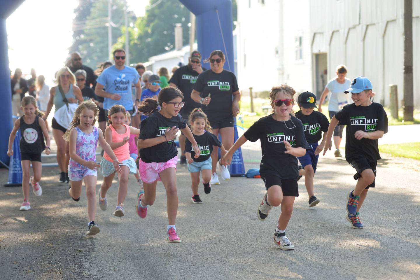 Kids start the 1-mile fun run at the Maggie & Amos Foundation's Infinity Run + Family Fun Event on Saturday, June 10, 2023. The event is held in memory of Maggie Meyer (Rosko) and her son Amos, 3, who died in October 2016 in Byron.