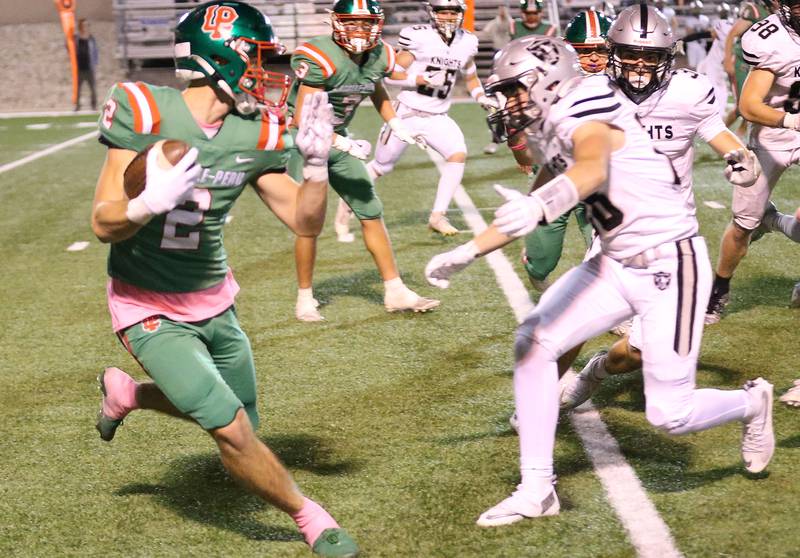 L-P's Landon Zellers is met by Kaneland's Fiordirosa on Friday, Oct. 17, 2025 at Howard Fellows Stadium.