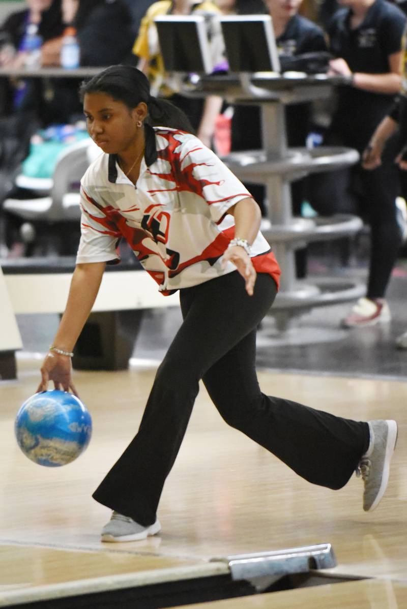 Bradley-Bourbonnais' Mya Springer throws one down the lane during the All-City girls bowling meet at Brookmont Bowling Center in Kankakee Wednesday, Feb. 5, 2025.