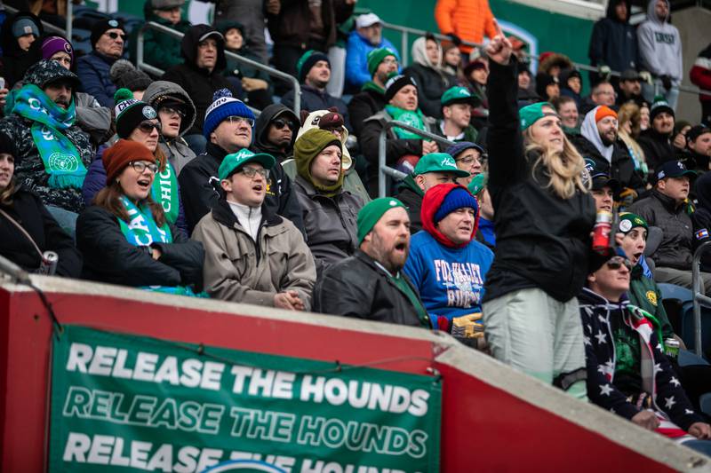 Chicago Hounds Rugby fans react to the action on the field during a game against NOLA Gold, at Seat Geek Stadium in Bridgeview, on Sunday April 23, 2023.