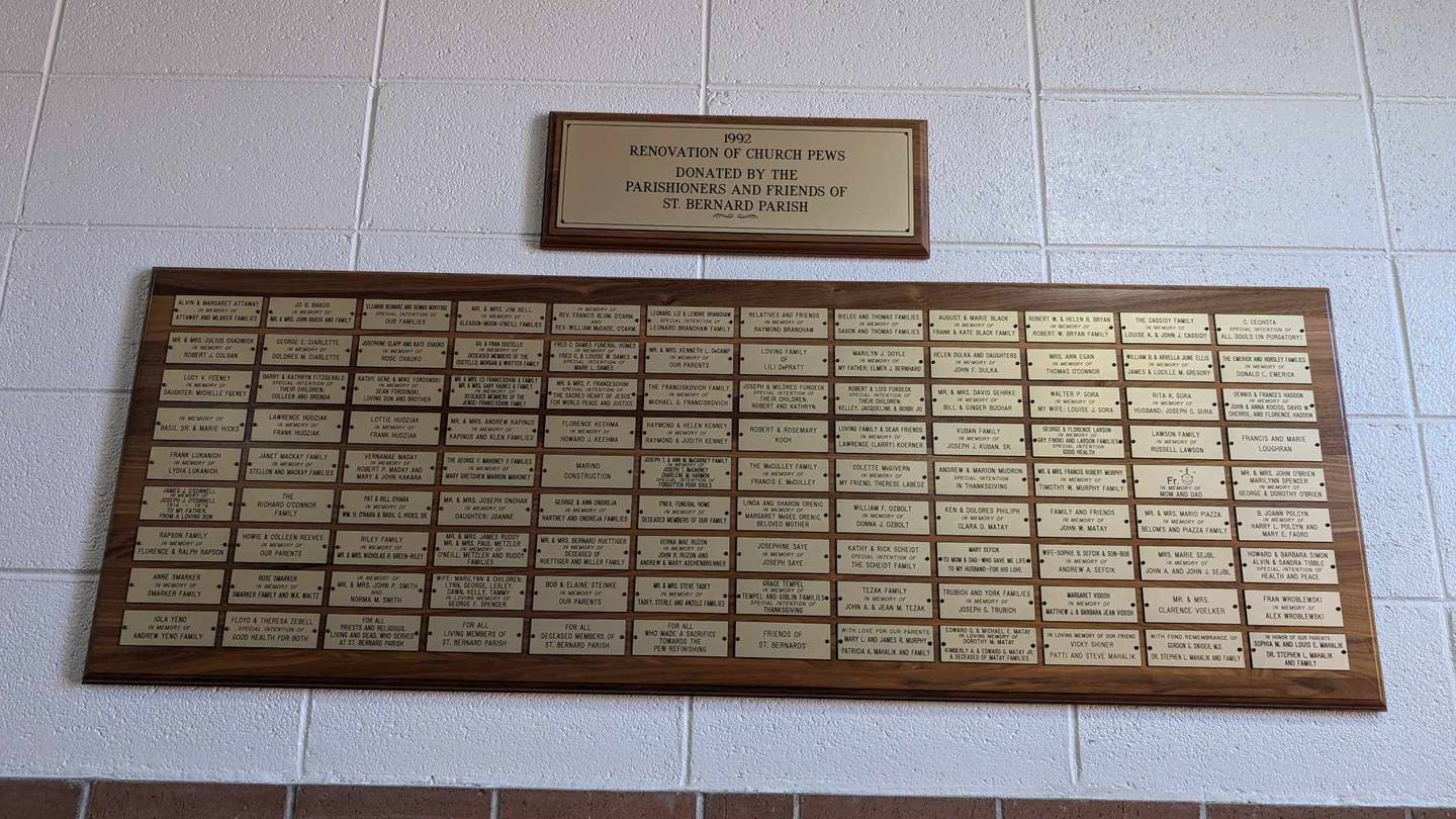 A list of parishioners at St. Bernard Catholic Church in Joliet who donated to the renovation of the pews in 1992.