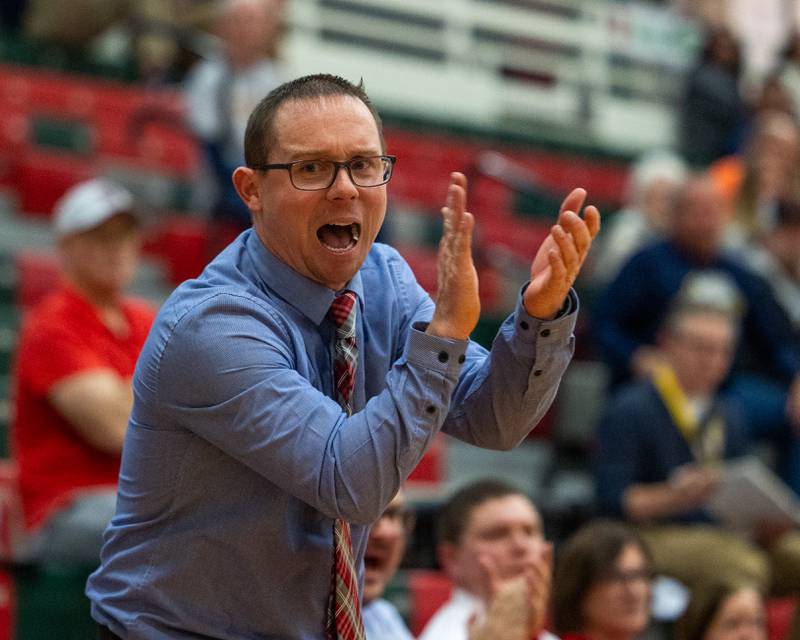 Ottawa's Head Coach Brent Moore reacts after team scores in Regional Championship game on Thursday, Feb. 19, 2026 in Sellett Gymnasium at L-P High School.