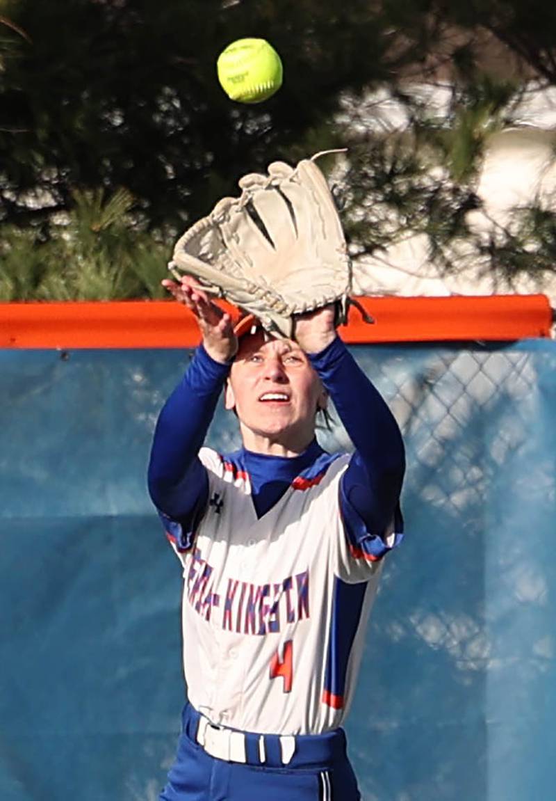 Genoa-Kingston's Violet Northrup catches a fly ball during their game against Stillman Valley Tuesday, April 18, 2023, at Genoa-Kingston High School.