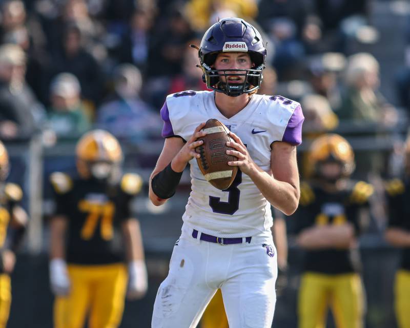 Dixon's Tyler Shaner (3) looks for an open receiver during Class 4A second round playoff football playoff game between Dixon at St Laurence.  Nov 4, 2023.