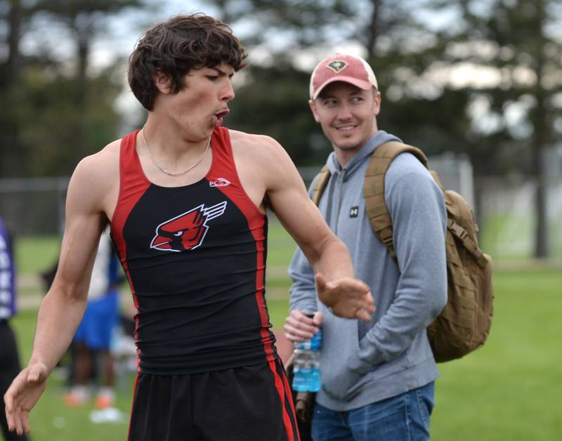Forreston's Jonathan Milnes reacts after winning the long jump at the Hawk Classic on Friday, May 2, 2025 at the Landers-Loomis Field in Oregon.