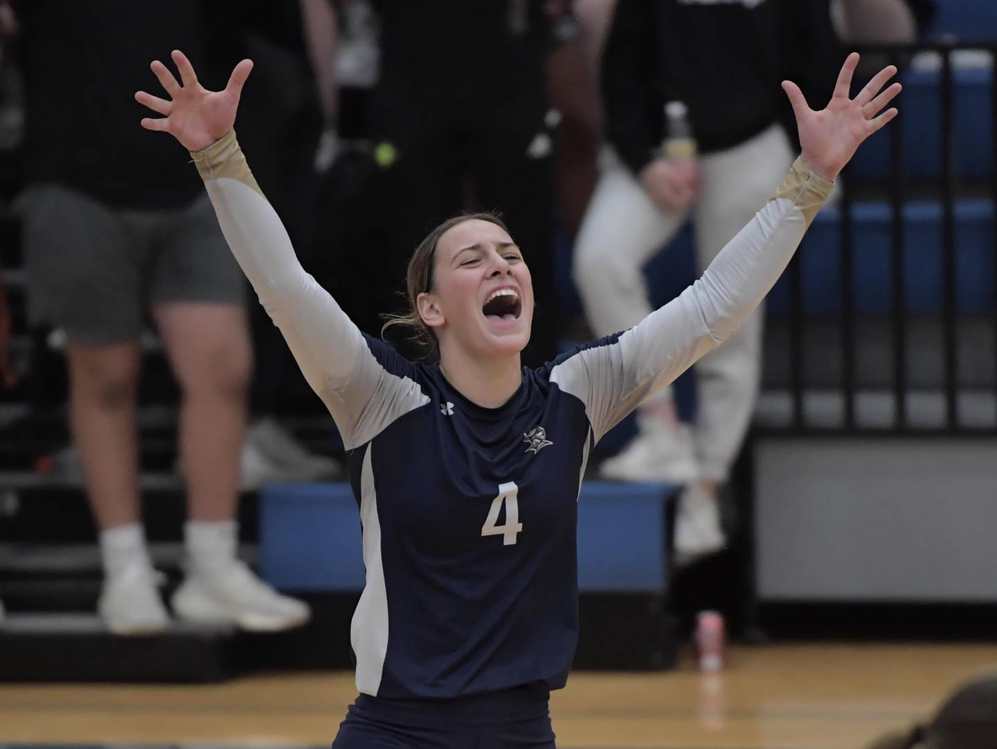 IC Catholic Prep’s Ava Falduto celebrates a point against St. Francis in a girls volleyball game in Wheaton on Thursday, October 12, 2023.