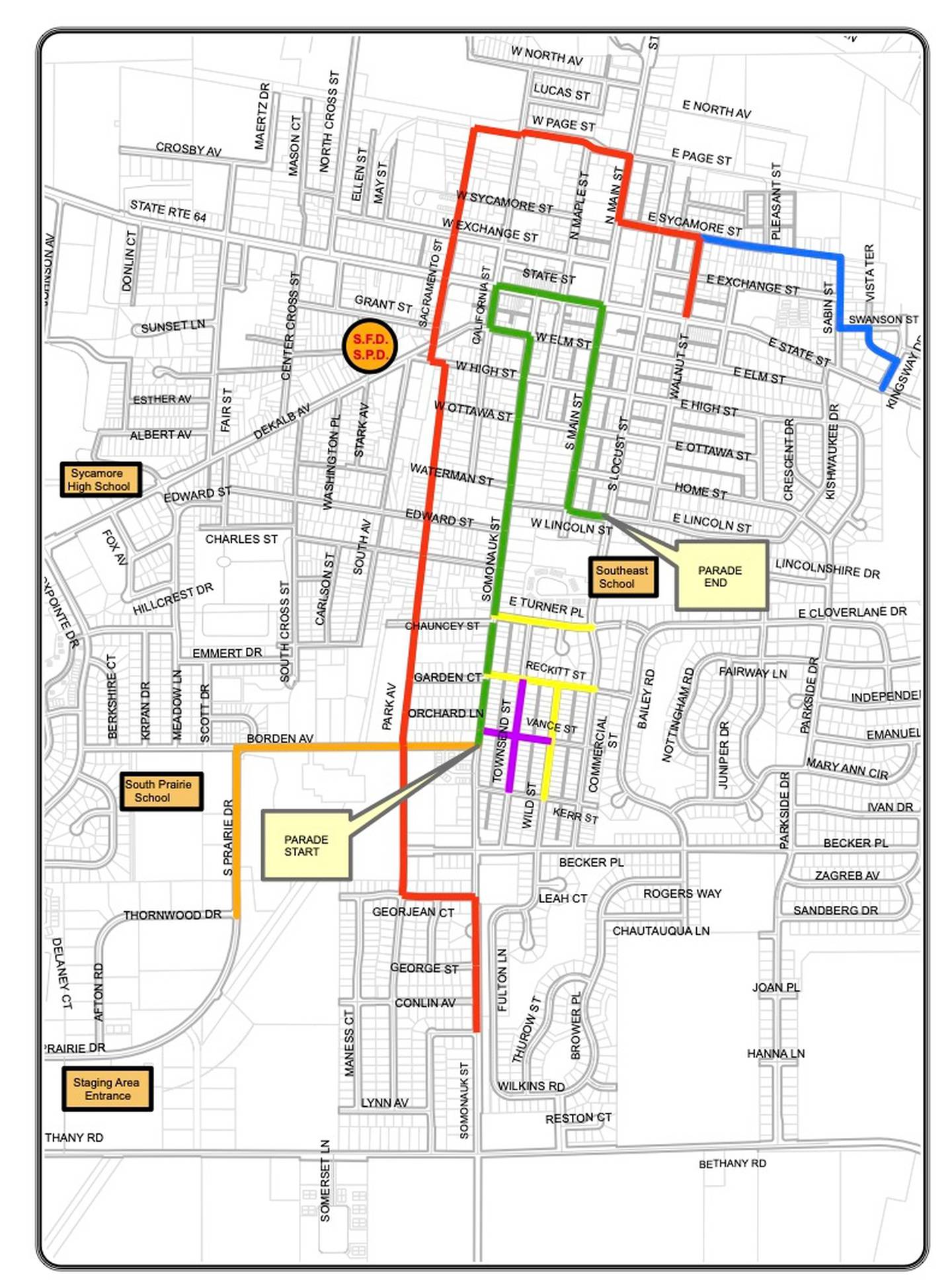 The 2024 Sycamore Pumpkin Festival parade route map, provided by the Sycamore Police Department.