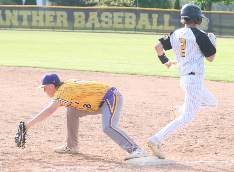 Putnam County's Jacob Furar is forced out at first base as Mendota first baseman Collin Coss makes the catch on Friday, May 8, 2026 at Putnam County High School.