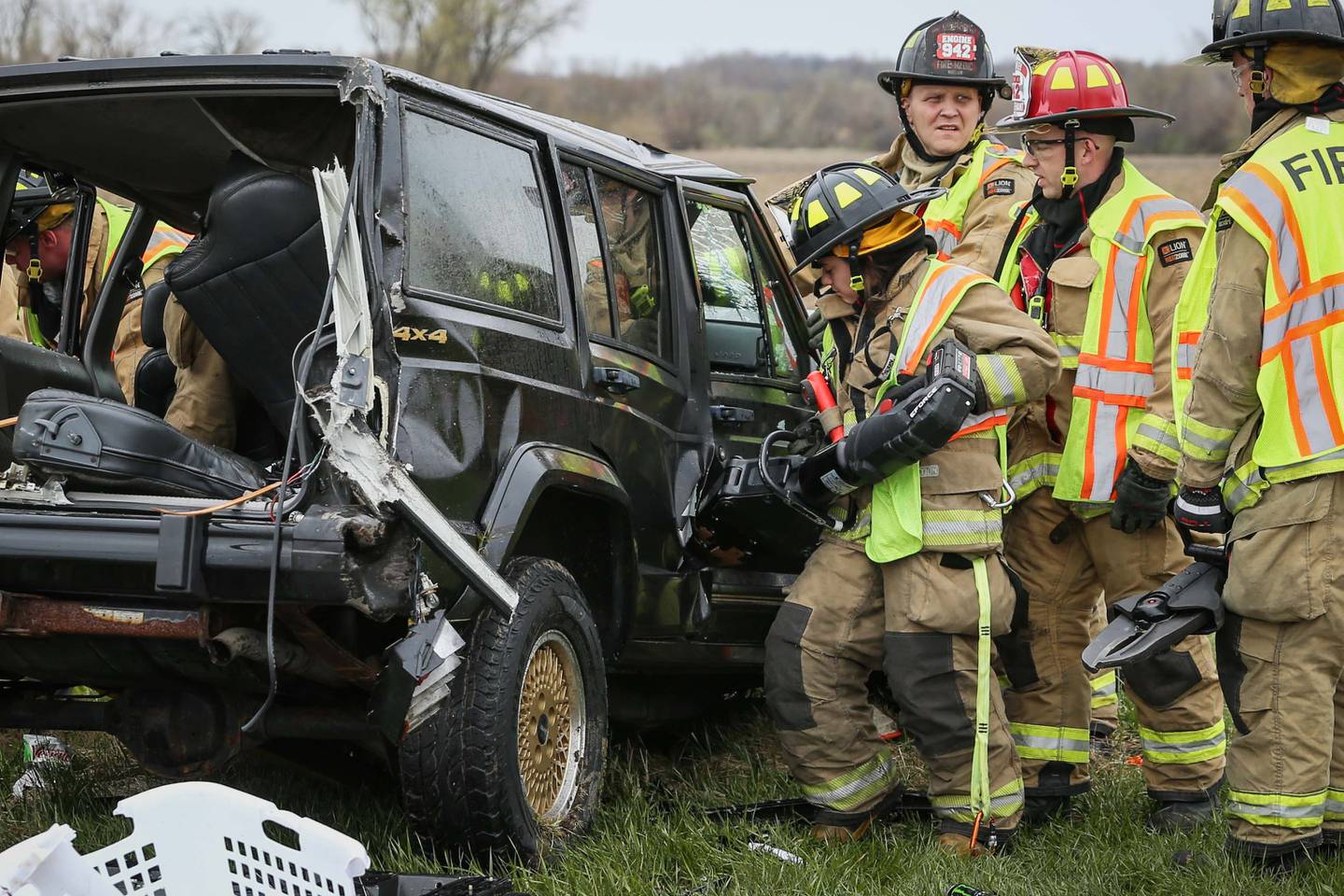 Firefighters were the scene of a crash near Huntley on April 11, 2024. Two people were extricated from one of the vehicles within 15 minutes, the Huntley Fire Protection District said.