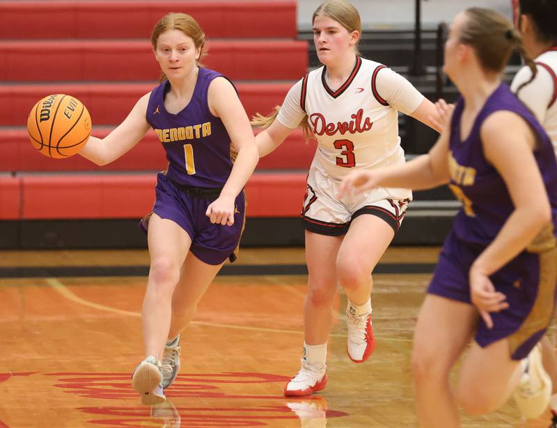 Mendota's Kate Strouss dribbles around Hall's Leah Pelka on Monday, Dec. 1, 2025 at Hall High School.
