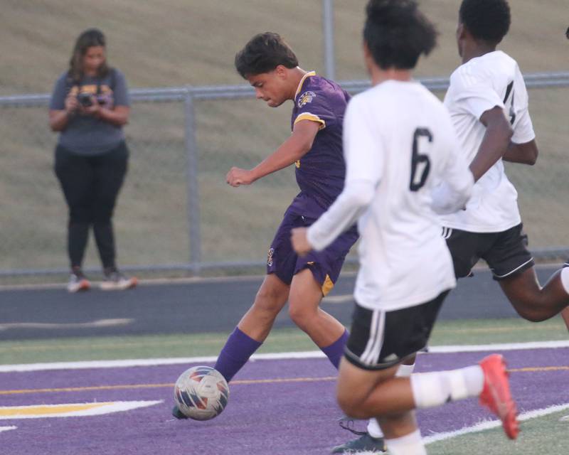 Mendota's Mauricio Salinas kicks the ball toward the goal post in front of Kewanee defenders during the Three Rivers Tournament on Thursday, Oct. 2, 2025 at Mendota High School.