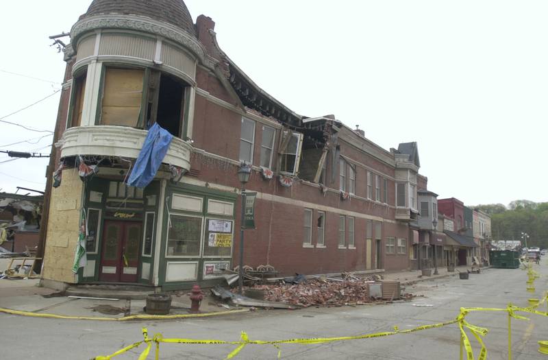 A view of the tornado damage at former Duffy's Tavern on Wednesday April 21, 2004 in Utica.