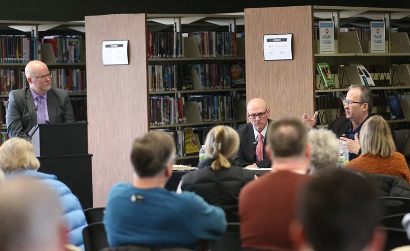Jeremy Aitken moderator and mayoral candidates Doug Bernabei and mayor Ken Kowlosk hold a candidate forum on Sunday, Feb. 23, 2025 at the Peru Public Library.