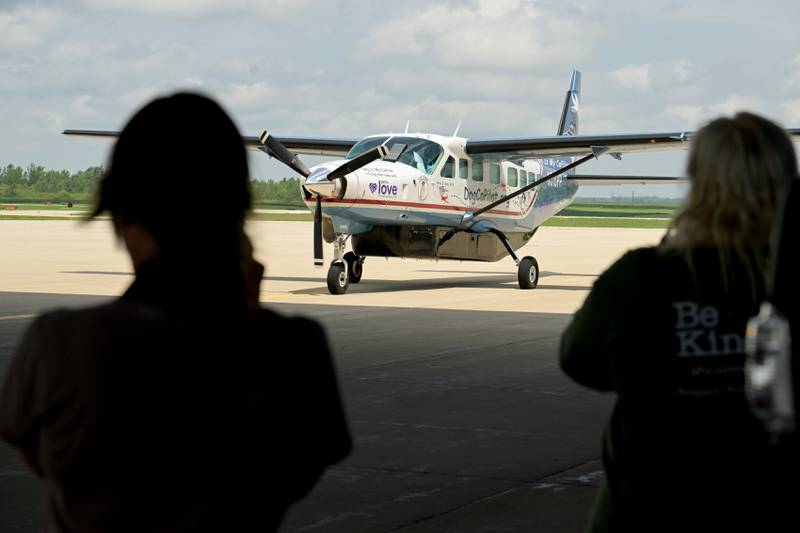 A Dog Is My CoPilot flight lands at the Aurora Municipal Airport to deliver dogs and cats rescued from the recent flooding in Texas to Chicago area animal rescues on Thursday, Jul 24, 2025 in Sugar Grove.