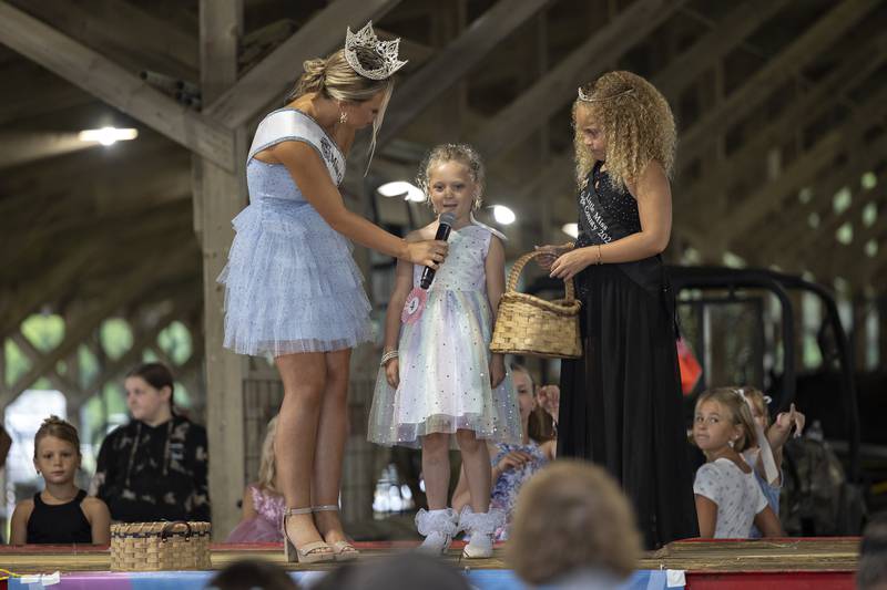 Charlotte Meiter, 5, answers a question during the Little Miss Ogle County pageant, Thursday, July 30, 2025, at the Ogle County Fairgrounds.Thursday, July 30, 2025.