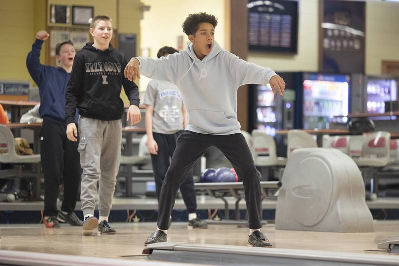 Maceo Williams coaxes the pins to drop Tuesday, Jan. 28, 2025, during the bowling alley field trip with St. Mary’s School.