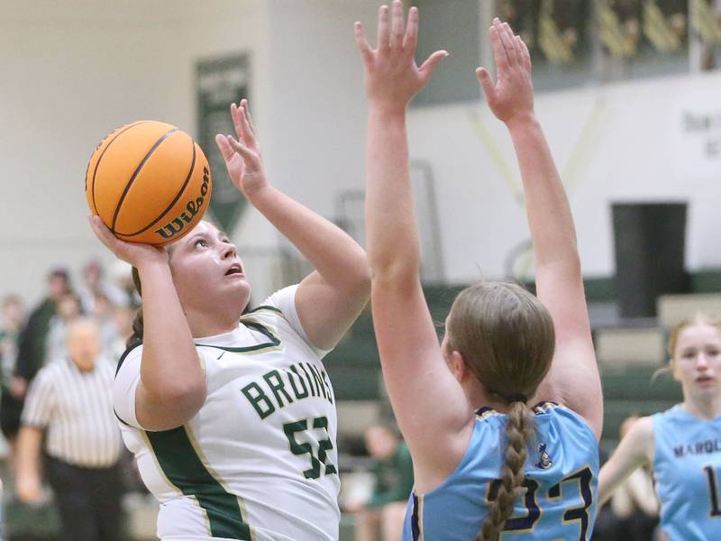 St. Bede's Ava Balestri eyes the hoop over Marquette's Kelsey Cuchra on Monday, Dec. 2, 2024 at St. Bede Academy.