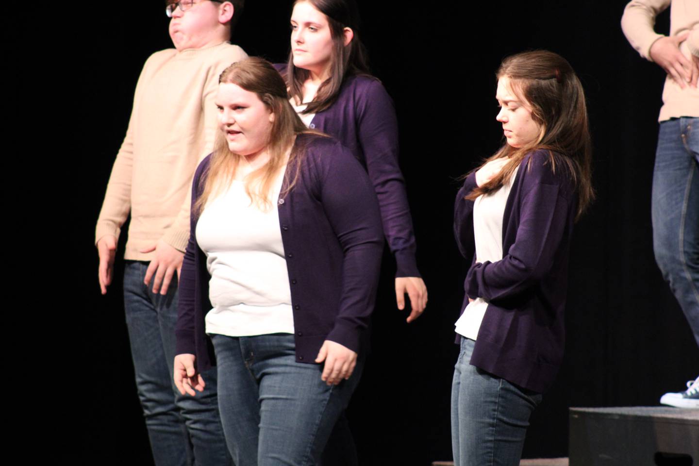 Anna Hutchinson portrays Bernadetta, the choir director, imploring Jenica Francis' Ruby to sing from the diaphragm on Wednesday at Centennial Auditorium. Sterling High School's production of "CODA" was a state qualifier in dramatic group interpretation.