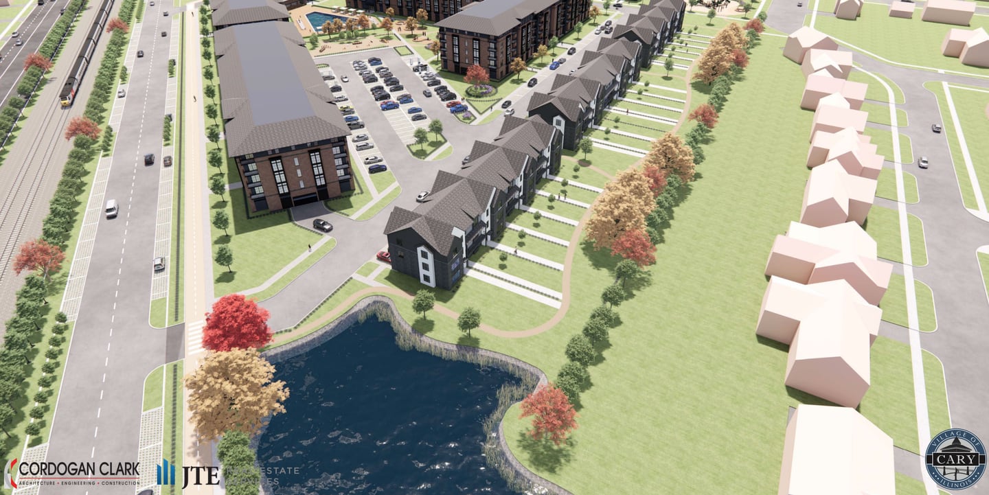 A rendering shows the Cordogan Clark and Associates proposal for five-story apartment blocks with about 200 units oriented by Route 14 and surrounded by three-story buildings of 50 townhomes. The Cary Village Board selected Cordogan Clark as the developer for the site on Jan. 21, 2025.