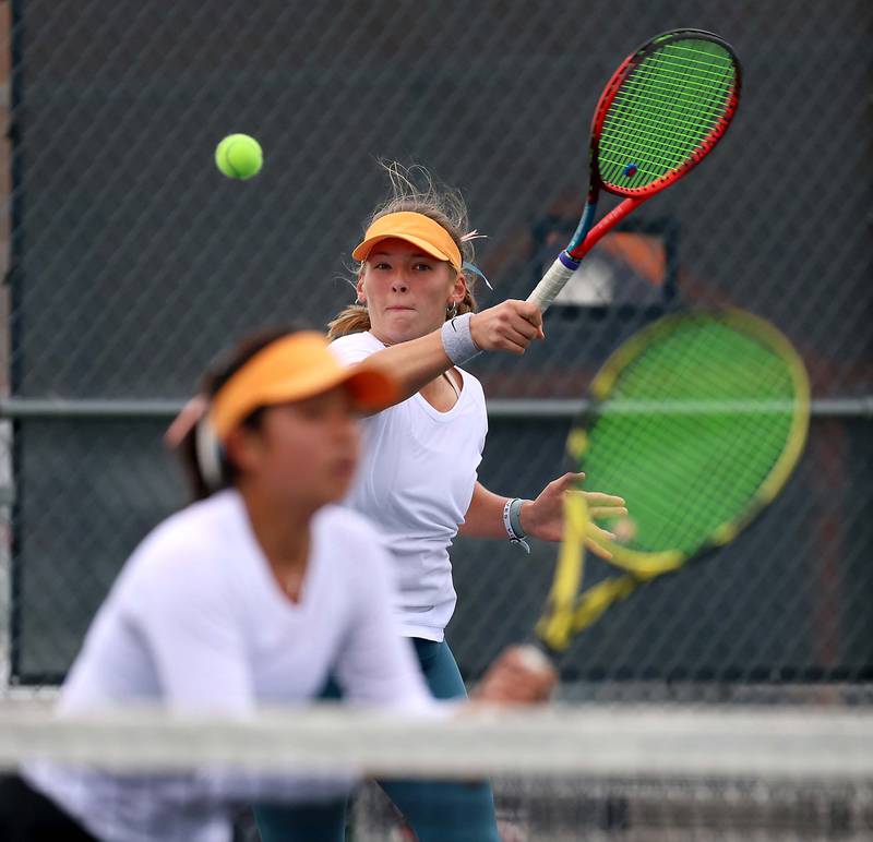 Naperville NorthÕs Brooke Coffman & Gabby Lee play in the 2A Doubles 3rd Place Match at the IHSA State Tennis Finals Saturday October 21, 2023 in Buffalo Grove.