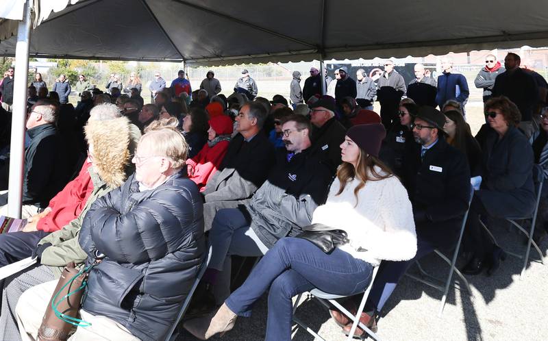 A large crows attends the groundbreaking ceremony for the new YMCA on Tuesday, Oct. 18, 2022 in Ottawa.