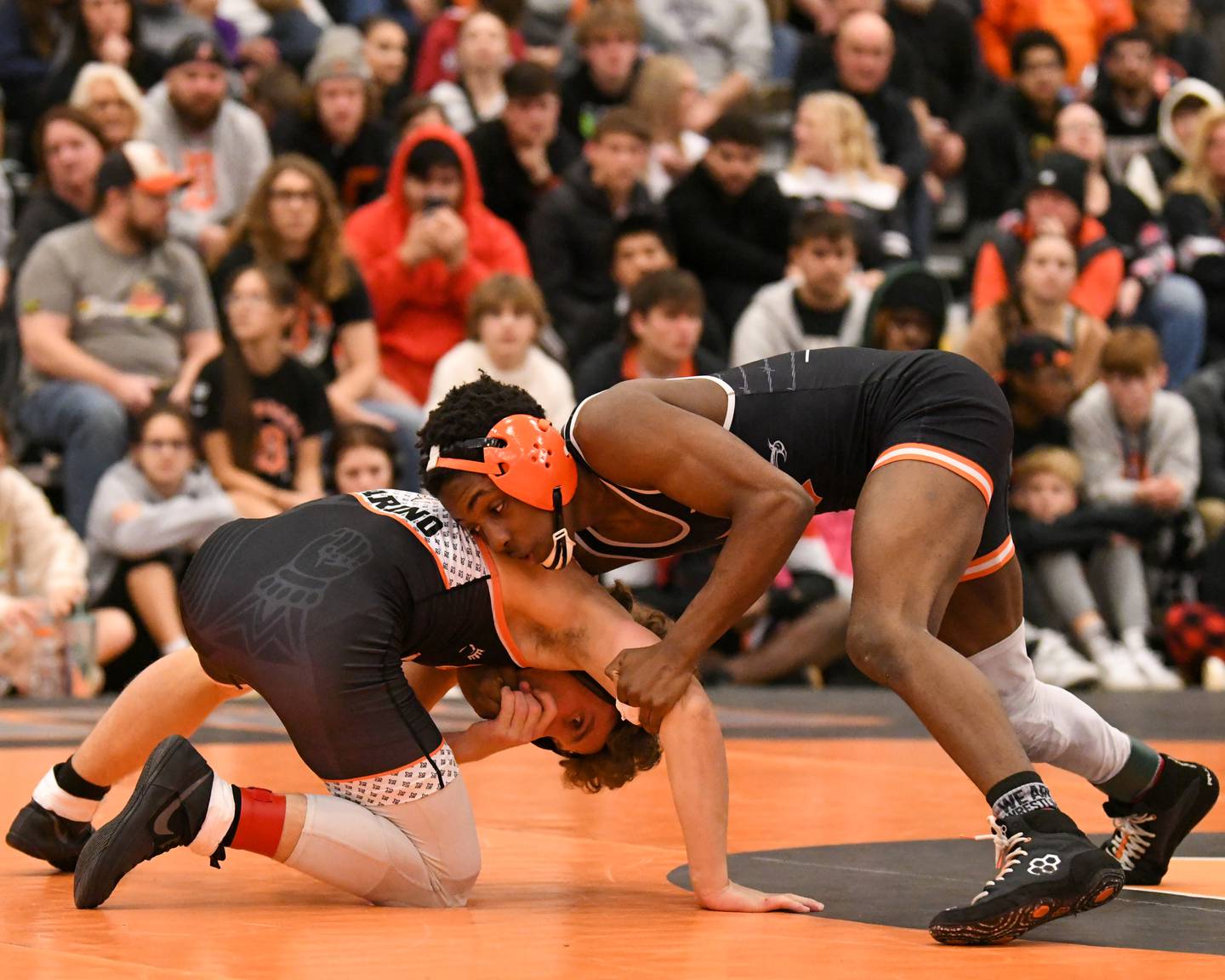 AJ Marino of St. Charles East wrestles Jalen Airhart in the 120 weight class on Friday Dec. 30th where AJ took the win over Jalen in the first round of Friday’s Dec. 30th portion of The Don Flavin wrestling Invite held at DeKalb High School.